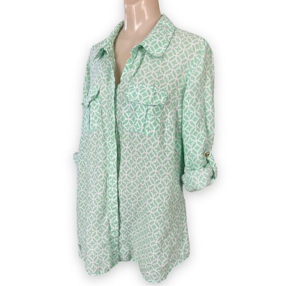 Charter Club Woman Linen Pattern Long Sleeve Button Tab Semi Sheer Blouse - Picture 8 of 15